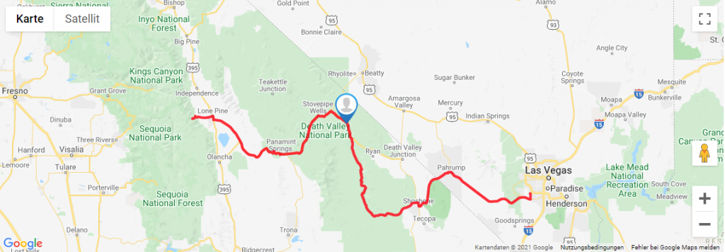 Google map showing the route from Las Vegas to the entrance of Mount Whitney, a marker showing the current position