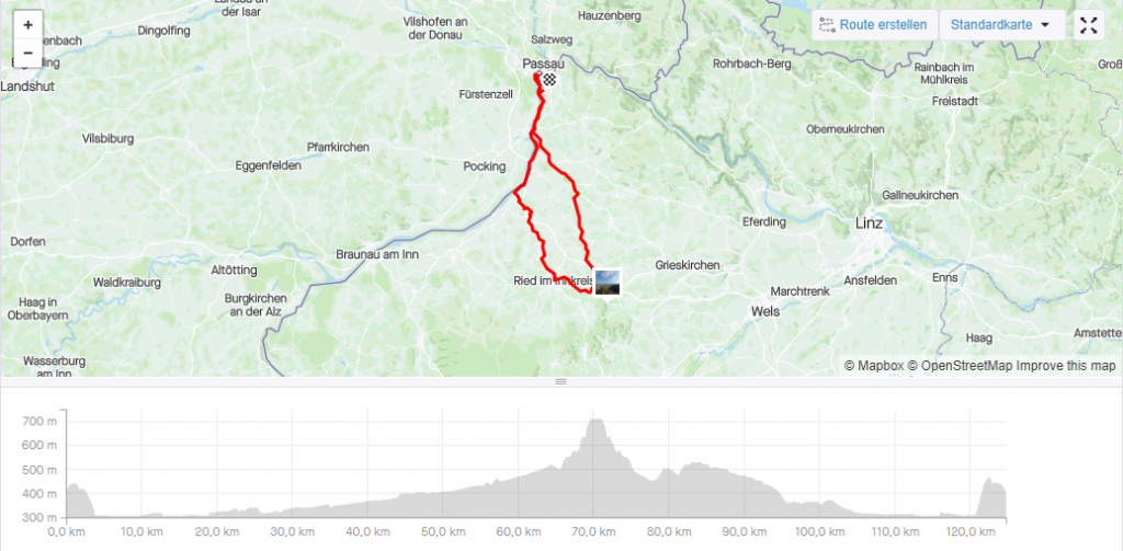 Map showing the route, height profile of the tour below, starting at around 400m, going down, staying flat, than going up to 700 m, going down again, peak at the end back to 400m