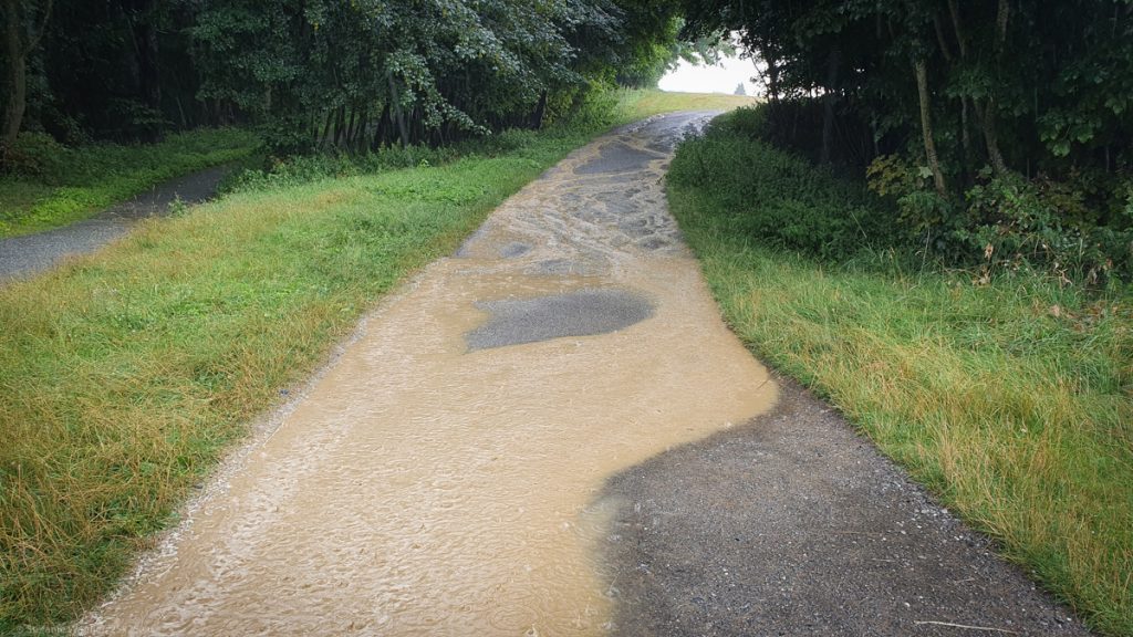 Brown water running like stream across a path