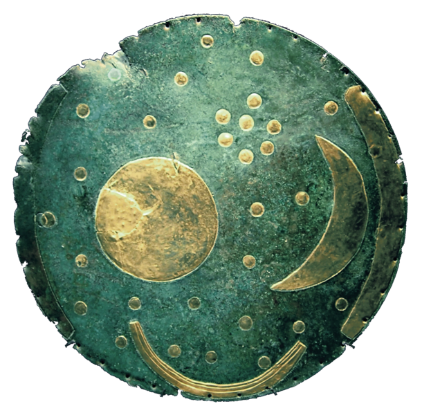 The Nebra sky disc, greenish circle with golden sun, moon and stars, at the bottom and to the right golden arcs