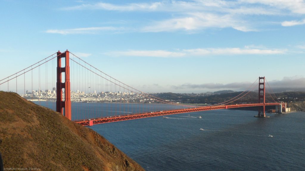 Golden Gate Bridge during sunset, San Francisco in the background