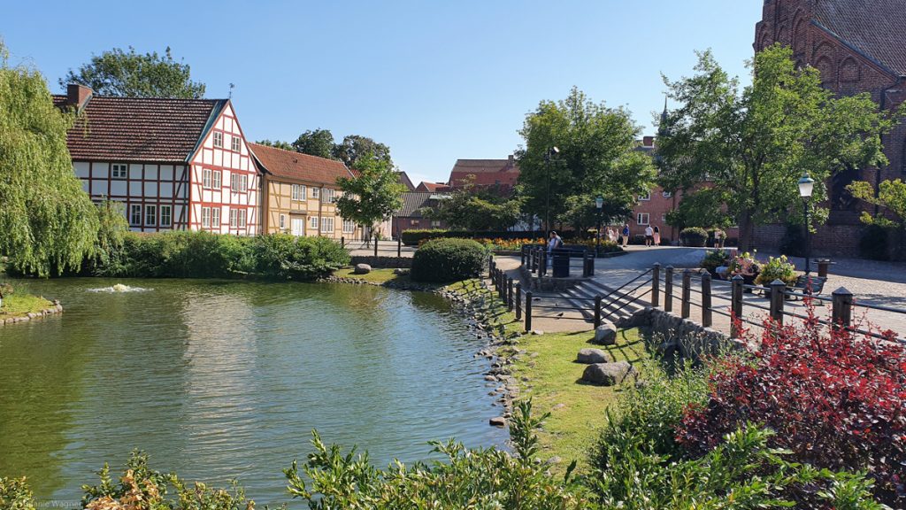 Pond on the lower left, frame houses in the background, red brick building on the right