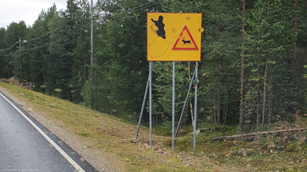 Big yellow sign with a warning sign. The warning sign shows the silhouette of a reindeer in black with a red triangle around it.