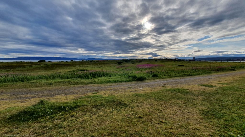 Area with short green gras, some pink flowers, a foot path crossing the picture in the middle, sky mostly cloudy with partial blue parts, sun rays behind the clouds