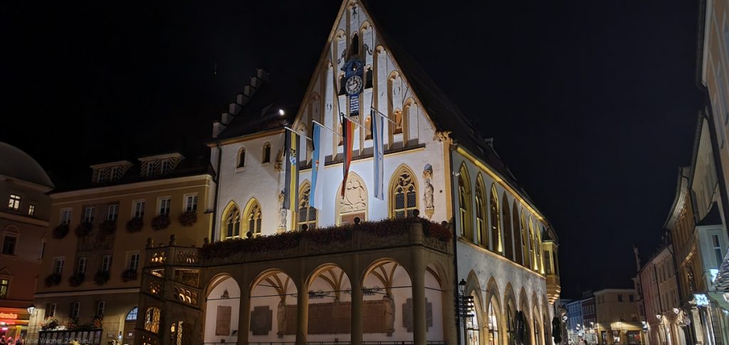 City hall at night, light on the facade