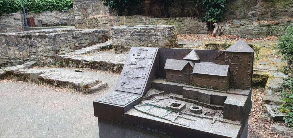 A tactile model in the front, the actual ruins it is describing in the back. The model has the buildings and structures as well as a description about the order in which things were built.